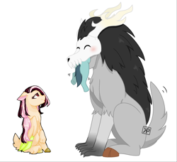 Size: 3048x2784 | Tagged: safe, artist:kittypaintyt, artist:thieeur-nawng, derpibooru import, oc, oc only, oc:list shy, hybrid, pony, wendigo, collaboration, base used, interspecies offspring, offspring, parent:discord, parent:fluttershy, parents:discoshy, simple background, vore, white background, worried