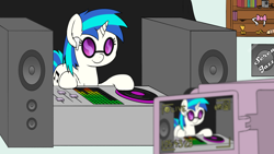 Size: 3840x2160 | Tagged: safe, artist:djdavid98, derpibooru exclusive, derpibooru import, dj pon-3, vinyl scratch, pony, unicorn, airpods, bits, book, bowtie, camera, cup, cutie mark, english, equalizer, female, guitar pick, happy birthday mlp:fim, horn, livestream, mlp fim's tenth anniversary, poster, scissors, shelf, solo, solo female, speakers, sunglasses, tail, text, turntable