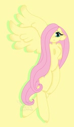 Size: 1024x1757 | Tagged: safe, artist:lolitablue, derpibooru import, fluttershy, anthro, pegasus, unguligrade anthro, female, hair over one eye, simple background, solo, yellow background