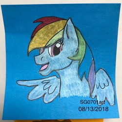 Size: 1080x1080 | Tagged: safe, artist:stargazerseven, derpibooru import, rainbow dash, pegasus, pony, bust, female, mare, open mouth, smiling, solo, traditional art