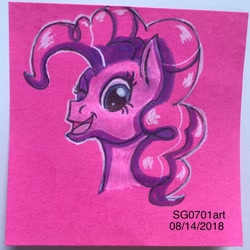 Size: 1080x1080 | Tagged: safe, artist:stargazerseven, derpibooru import, pinkie pie, earth pony, pony, bust, eyelashes, female, mare, one eye closed, open mouth, smiling, solo, traditional art, wink
