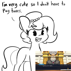 Size: 1024x1024 | Tagged: safe, artist:tjpones, derpibooru import, edit, oc, oc only, oc:brownie bun, earth pony, pony, horse wife, ace attorney, cute, female, horse taxes, judge, mare, monochrome, ocbetes, offscreen character, open mouth, simple background, smiling, solo, tax evasion, taxes, this will end in jail time, white background