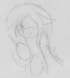 Size: 1789x1986 | Tagged: safe, artist:wapamario63, fluttershy, pegasus, pony, blushing, cute, female, half body, mare, monochrome, one eye closed, petting, pov, shyabetes, sketch, smiling, smiling at you, traditional art, weapons-grade cute