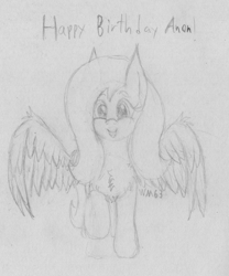 Size: 2337x2808 | Tagged: safe, artist:wapamario63, fluttershy, pegasus, pony, chest fluff, cute, female, happy, happy birthday, imminent winghug, mare, monochrome, shyabetes, solo, spread wings, traditional art