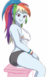Size: 1813x2923 | Tagged: safe, artist:sumin6301, rainbow dash, equestria girls, black underwear, female, high res, looking at you, panties, rainboob dash, sitting, smiling, solo, wristband