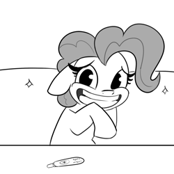 Size: 1800x1800 | Tagged: safe, artist:tjpones, derpibooru import, pinkie pie, earth pony, pony, the saddle row review, awkward smile, big smile, female, floppy ears, grayscale, mare, monochrome, pregnancy test, pregnant, simple background, solo, white background