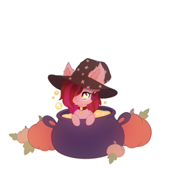 Size: 2048x2048 | Tagged: safe, artist:deathpatty, derpibooru import, oc, oc only, oc:velvet silverwing, cauldron, collar, commission, ear fluff, hat, pumpkin, simple background, solo, white background, witch hat, ych result