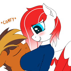 Size: 1500x1500 | Tagged: safe, artist:ponynamedmixtape, derpibooru import, oc, oc only, oc:making amends, oc:mixtape, anthro, earth pony, pegasus, blushing, breast pillow, breasts, clothes, eyes closed, simple background, smiling, sweater, transparent background