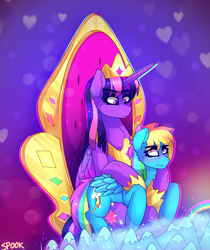 Size: 1428x1704 | Tagged: safe, artist:aaa-its-spook, derpibooru import, rainbow dash, twilight sparkle, twilight sparkle (alicorn), alicorn, pegasus, pony, female, lesbian, luna petting goose, shipping, sitting on lap, size difference, teasing, twidash, ultimate twilight