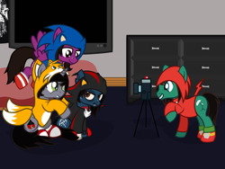 Size: 1600x1200 | Tagged: safe, artist:toyminator900, derpibooru import, earth pony, pegasus, pony, undead, unicorn, zombie, zombie pony, annoyed, bags under eyes, bed, bone, bring me the horizon, brothers, camera, clothes, commission, costume, disguise, disguised siren, dresser, fangs, grin, group, halloween, halloween costume, hoodie, horn, kellin quinn, knuckles the echidna, lip piercing, male, miles "tails" prower, nose piercing, oliver sykes, pierce the veil, piercing, ponified, poster, raised hoof, shadow the hedgehog, siblings, sitting, sleeping with sirens, slit eyes, smiling, socks, sonic the hedgehog, sonic the hedgehog (series), stallion, tattoo, television, tom sykes, tripod, vic fuentes