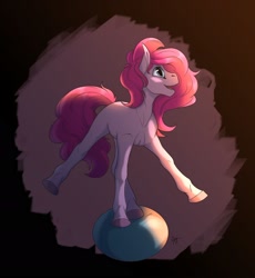 Size: 1920x2087 | Tagged: safe, artist:yarugreat, derpibooru import, pinkie pie, earth pony, pony, balancing, ball, female, looking to side, looking to the right, mare, missing cutie mark, open mouth, open smile, simple background, smiling, solo
