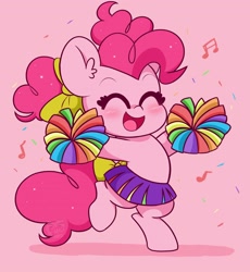 Size: 3400x3700 | Tagged: safe, artist:kittyrosie, derpibooru import, pinkie pie, earth pony, pony, bipedal, cheerleader, cheerleader outfit, cheerleader pinkie, chibi, clothes, cute, diapinkes, digital art, eyes closed, female, open mouth, pink background, pom pom, simple background, skirt, smiling, solo