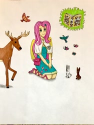 Size: 1463x1943 | Tagged: safe, artist:martialarts2003, derpibooru import, fluttershy, oc, oc:grimoire, bird, butterfly, deer, rabbit, equestria girls, animal, black clover, book, crossover, magic, magic knight, spellbook, traditional art, wings