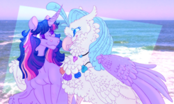 Size: 2581x1549 | Tagged: safe, artist:kazoowary, derpibooru import, princess skystar, twilight sparkle, twilight sparkle (alicorn), alicorn, classical hippogriff, hippogriff, pony, my little pony: the movie, female, fluffy, hug, interspecies, lesbian, shipping, twistar, winghug