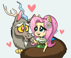 Size: 2048x1680 | Tagged: safe, artist:ameliacostanza, derpibooru import, discord, fluttershy, anthro, draconequus, chibi, discoshy, female, gray background, heart, male, shipping, simple background, straight