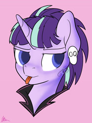 Size: 1802x2412 | Tagged: safe, artist:illumnious, derpibooru import, starlight glimmer, pony, unicorn, alternate hairstyle, bust, clothes, ear piercing, earring, gameloft, glimmer goth, goth, jewelry, piercing, portrait, punk, skull, solo, tongue out