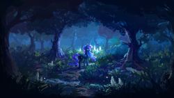 Size: 1920x1080 | Tagged: safe, artist:plainoasis, derpibooru import, princess luna, alicorn, pony, female, forest, looking back, mare, missing accessory, night, scenery, scenery porn, solo, water