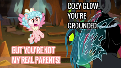 Size: 1920x1080 | Tagged: safe, derpibooru import, edit, edited screencap, screencap, cozy glow, lord tirek, queen chrysalis, changeling, changeling queen, pegasus, pony, the ending of the end, grounded, mommy chrissy, punishment, text