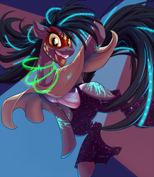 Size: 1595x1833 | Tagged: safe, artist:kalemon, derpibooru import, oc, oc:whisper step, earth pony, clothes, dancing, drugs, face paint, glowstick, paint, poncho, smiling, space horse rpg, tongue out