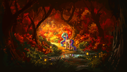 Size: 1920x1080 | Tagged: safe, artist:plainoasis, derpibooru import, princess celestia, alicorn, pony, autumn, beautiful, female, forest, looking back, mare, missing accessory, painting, reflection, scenery, solo, water