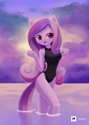 Size: 1000x1407 | Tagged: safe, artist:howxu, derpibooru import, princess cadance, anthro, clothes, cloud, female, one-piece swimsuit, open mouth, solo, solo female, swimsuit, water, wingless, wingless anthro