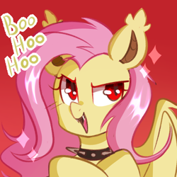 Size: 1000x1000 | Tagged: safe, artist:thieftea, derpibooru import, fluttershy, bat pony, pony, bat ponified, boo hoo, collar, female, flutterbat, mare, race swap, red background, simple background, solo, spiked collar