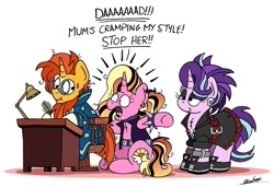 Size: 1024x702 | Tagged: safe, artist:bobthedalek, derpibooru import, luster dawn, starlight glimmer, sunburst, pony, unicorn, clothes, edgelight glimmer, father and child, father and daughter, female, gameloft interpretation, goth, gothic, like mother like daughter, luster dawn is starlight's and sunburst's daughter, male, mare, messy mane, millennial luster dawn, mother and child, mother and daughter, mothers gonna mother, older, older starlight glimmer, older sunburst, parent and child, punk dawn, runs in the family, scrunchy face, shipping, stallion, starburst, straight, sweat, sweatdrop