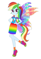 Size: 457x654 | Tagged: safe, artist:selenaede, artist:user15432, derpibooru import, rainbow dash, human, equestria girls, base used, clothes, colored wings, dress, element of loyalty, fairy, fairy wings, fairyized, hands on hip, multicolored wings, ponied up, rainbow, rainbow dress, rainbow wings, shoes, simple background, sneakers, transparent background, wings