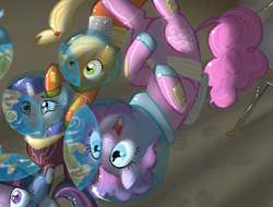 Size: 1684x1281 | Tagged: dead source, safe, artist:elenaboosy, derpibooru import, applejack, fluttershy, pinkie pie, rainbow dash, rarity, twilight sparkle, unicorn twilight, earth pony, pegasus, pony, unicorn, astronaut, clothes, cropped, earth, flag, mane six, planet, reflection, space, spacesuit, trio focus