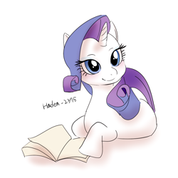 Size: 900x900 | Tagged: safe, artist:haden-2375, derpibooru import, rarity, pony, unicorn, blushing, book, cute, female, mare, raribetes, simple background, smiling, solo, white background