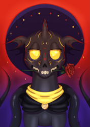 Size: 1745x2470 | Tagged: safe, artist:cha-squared, derpibooru import, oc, oc:flavis, oc:flavis synquin, changeling, bone, clothes, dia de los muertos, flower, flower in mouth, gradient background, halloween, halloween makeup, holiday, makeup, rose, rose in mouth, scarf, scary, simple background, skeleton, skeleton makeup, solo, sombrero, tendrils, tentacles, yellow changeling