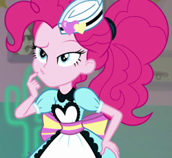 Size: 783x718 | Tagged: safe, derpibooru import, screencap, pinkie pie, coinky-dink world, eqg summertime shorts, equestria girls, :3, apron, cropped, hand on hip, hmm, ponytail, server pinkie pie, skirt, solo, thinking