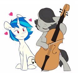 Size: 4096x3803 | Tagged: safe, artist:chub-wub, derpibooru import, dj pon-3, octavia melody, vinyl scratch, earth pony, pony, unicorn, alternate hairstyle, bipedal, cello, chest fluff, cute, ear piercing, earring, eyes closed, female, heart, jewelry, lesbian, mare, musical instrument, older, piercing, scratchtavia, shipping, simple background, sitting, tavibetes, vinylbetes, white background