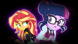 Size: 1920x1080 | Tagged: safe, derpibooru import, screencap, sci-twi, sunset shimmer, twilight sparkle, equestria girls, friendship games, credits, glare, opening credits