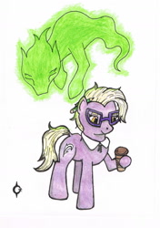 Size: 1188x1686 | Tagged: safe, artist:assertiveshypony, derpibooru import, grace manewitz, earth pony, ghost, ghost pony, pony, undead, clothes, coffee cup, cup, drawing, glasses, pencil, simple background, traditional art, white background