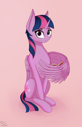 Size: 3120x4792 | Tagged: safe, artist:stravyvox, derpibooru import, twilight sparkle, twilight sparkle (alicorn), alicorn, pony, book, female, high res, looking at you, mare, pink background, simple background, sitting, solo, wing hands, wing hold, wings
