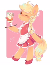 Size: 1579x2048 | Tagged: safe, artist:1drfl_world_end, derpibooru import, applejack, earth pony, pony, alternate hairstyle, apple slice, apron, bipedal, braid, clothes, cute, female, food, jackabetes, looking at you, maid, mare, one eye closed, pixiv, server, smiling, solo, strawberry, sundae, wink