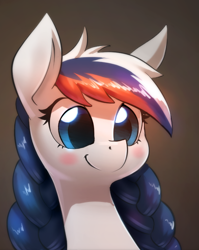 Size: 1118x1402 | Tagged: safe, artist:underpable, derpibooru import, editor:xbi, oc, oc only, oc:marussia, earth pony, pony, blushing, bust, gradient background, nation ponies, portrait, russia, smiling, solo