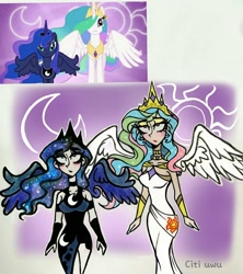 Size: 1747x1965 | Tagged: safe, artist:citi, derpibooru import, screencap, princess celestia, princess luna, alicorn, human, clothes, crown, cutie mark, cutie mark on clothes, floating wings, humanized, jewelry, regalia, royal sisters, scene interpretation, screencap reference, sisters, starry hair, wings