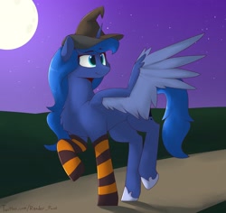 Size: 2673x2526 | Tagged: safe, artist:renderpoint, derpibooru import, princess luna, alicorn, pony, chest fluff, clothes, female, full moon, halloween, hat, high res, holiday, hoof shoes, mare, moon, night, socks, solo, striped socks, two toned wings, wings, witch hat