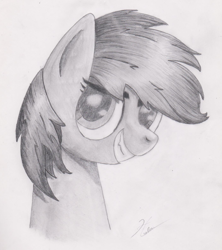 Size: 1399x1573 | Tagged: safe, artist:harleneap, derpibooru import, rainbow dash, pegasus, pony, bust, monochrome, pencil drawing, portrait, solo, traditional art