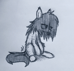 Size: 1500x1428 | Tagged: safe, artist:modocrisma, derpibooru import, oc, oc only, oc:sobakasu, earth pony, pony, ear fluff, eye clipping through hair, fluffy, freckles, looking away, male, monochrome, paper, pencil, photo, ponysona, signature, sitting, solo, teenager, traditional art, watermark