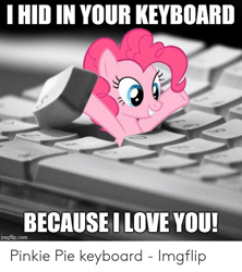 Size: 500x564 | Tagged: safe, derpibooru import, earth pony, pony, caption, female, friendly, i hid in your keyboard, image macro, imgflip, keyboard, love, mare, meme, smiling, solo, text