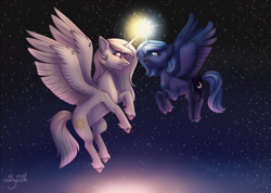 Size: 3507x2491 | Tagged: safe, artist:amyszek, derpibooru import, princess celestia, princess luna, alicorn, pony, duo, eye contact, female, flying, glowing horn, horn, horns are touching, looking at each other, magic, mare, night, pink-mane celestia, remake, s1 luna, siblings, signature, sisters, smiling, stars, unshorn fetlocks, younger