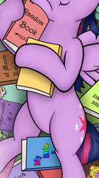 Size: 316x565 | Tagged: safe, artist:flufflelord, derpibooru import, edit, twilight sparkle, twilight sparkle (alicorn), alicorn, pony, belly, book, cropped, pictures of bellies, pile of books, rotated, solo, squishy cheeks, that pony sure does love books