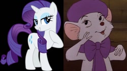 Size: 1030x576 | Tagged: safe, derpibooru import, screencap, rarity, pony, unicorn, bedroom eyes, bianca, black background, comparison, disney, looking at you, simple background, smiling, the rescuers