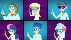 Size: 1920x1080 | Tagged: safe, derpibooru import, screencap, bon bon, derpy hooves, flash sentry, lyra heartstrings, microchips, sandalwood, sweetie drops, acadeca, equestria girls, friendship games, clothes, gloves, goggles, lab coat, rubber gloves, test tube