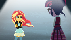Size: 1920x1080 | Tagged: safe, derpibooru import, screencap, sci-twi, sunset shimmer, twilight sparkle, equestria girls, friendship games, clothes, crossed arms, glasses, showdown, skirt