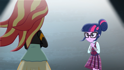 Size: 1920x1080 | Tagged: safe, derpibooru import, screencap, sci-twi, sunset shimmer, twilight sparkle, equestria girls, friendship games, clothes, crossed arms, glasses, showdown, skirt