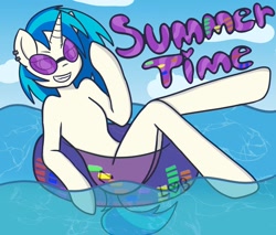 Size: 1024x872 | Tagged: safe, artist:lolitablue, derpibooru import, dj pon-3, vinyl scratch, pony, semi-anthro, unicorn, cloud, ear piercing, female, floaty, grin, outdoors, piercing, smiling, solo, sunglasses, text, water